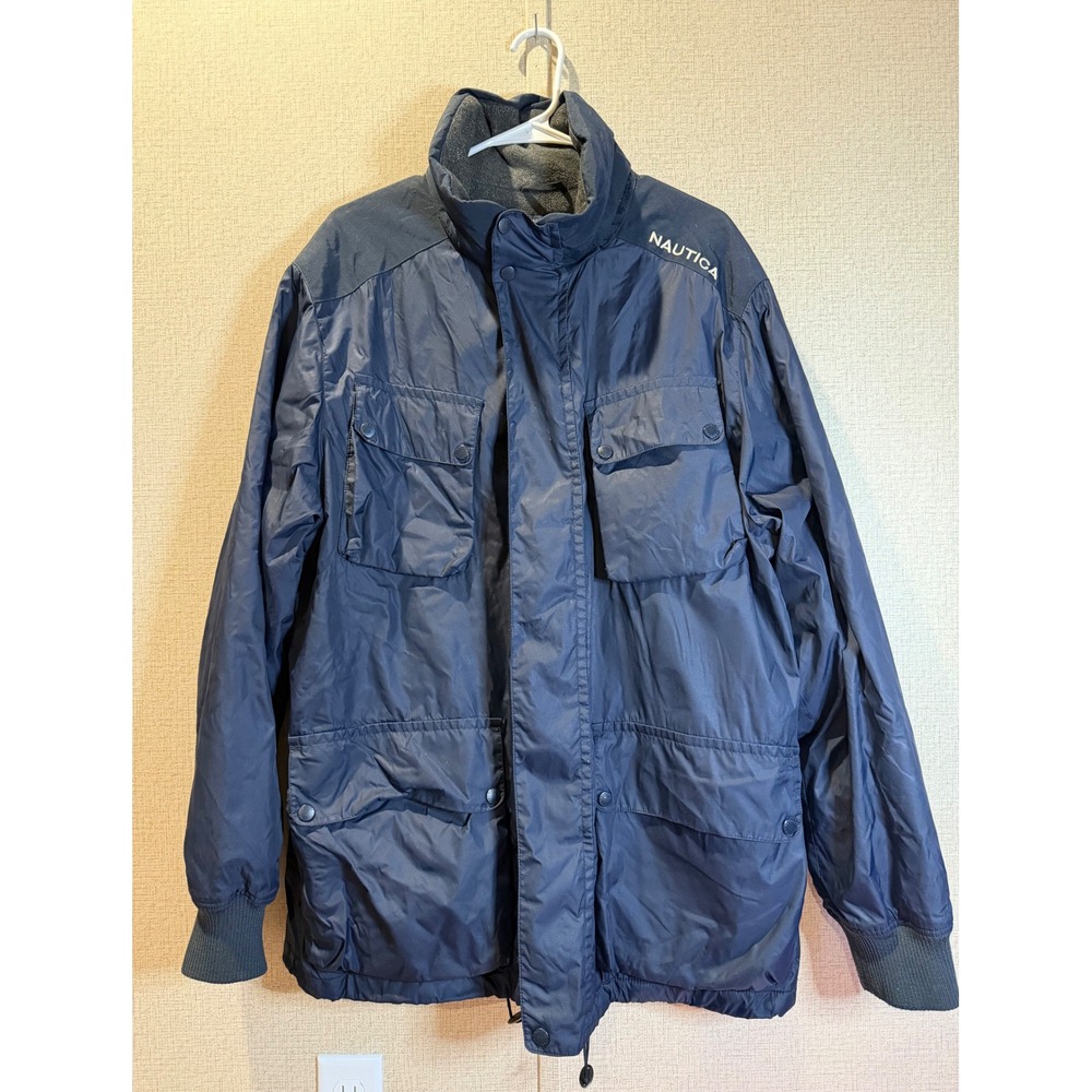 Nautica Mens XL Navy Blue Fleece Lined Field Jacket NS-83 Hooded Cargo Coat